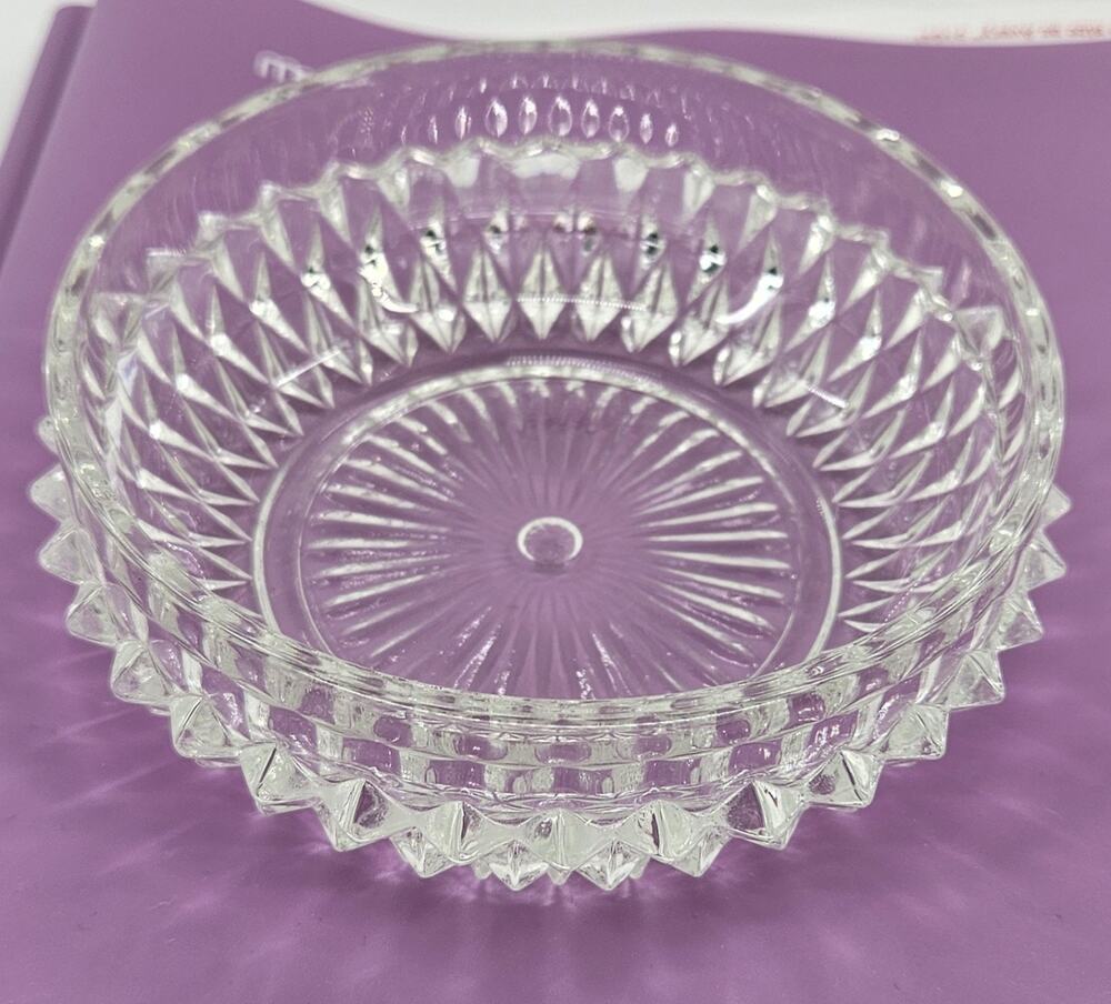 Vintage Clear Pressed Glass Bowl Diamond Point Starburst 5" Candy Nut Dish